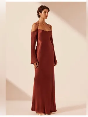 Shona Joy Lino Off Shoulder Tie Maxi‎ Dress Mahogany thumbnail 11