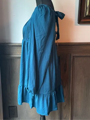 New In Teal Long-Sleeve Pleated Babydoll Dress large nwt thumbnail 3