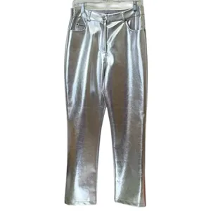7 For All Mankind Silver Metallic Coated Straight‎ Leg Pants Size Medium NWT thumbnail 3