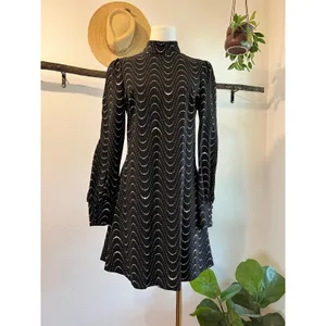 Kate Spade Black Long Puff Sleeve Mod Wavy Pink Dot Print Mini Dress Size Small thumbnail 13