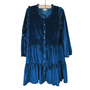 Pink Chicken Kalani Crushed Velvet Tiered Dress Womens S Blue Romantic Ruffle thumbnail 3