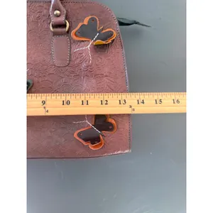 Floral Tooled Leather Satchel Handbag‎ 3D Butterfly Applique Brown Boho Tote thumbnail 4