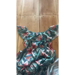SHEIN Tropical Floral Off Shoulder Maxi Dress Large Green Pink Palm Slit‎ Boho thumbnail 4