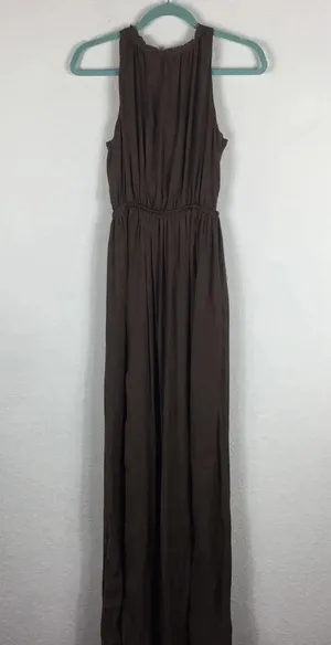 Zara Empire Waist Brown Satin Open Back Slit Maxi Dress Size XS thumbnail 4