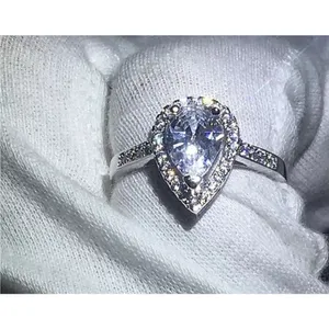 Boutique NEW Women's 3Ct Rhodium S925 Pear Halo‎ Teardrop Engagement Ring, Size 7 thumbnail 2
