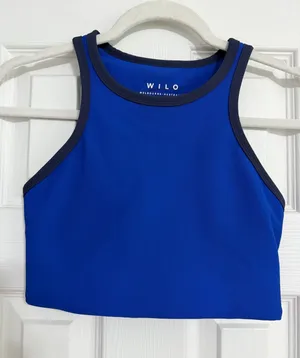 WILO Blue Ribbed Cropped Tank with navy Trim‎ size small Australia activewear thumbnail 1