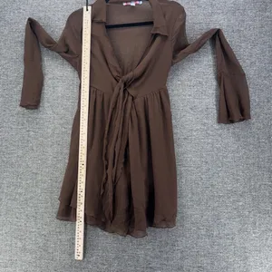 Urban Outfitters Mini Drress S Brown Tie Front Long Bell Sleeve‎ Boho Y2K Fairy thumbnail 13