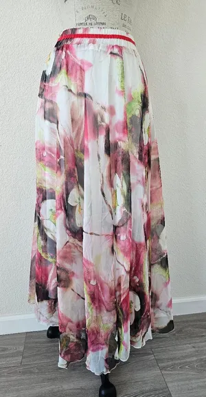 NWT Watercolor Floral Lotus Chiffon Maxi Skirt Size S Pink Green Sheer Layered thumbnail 1
