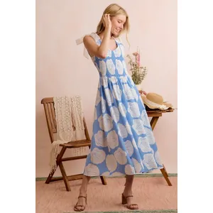 SO ME Shell Smocked Bodice Shoulder Tie‎ Lined Midi Dress - Blue - Large thumbnail 11