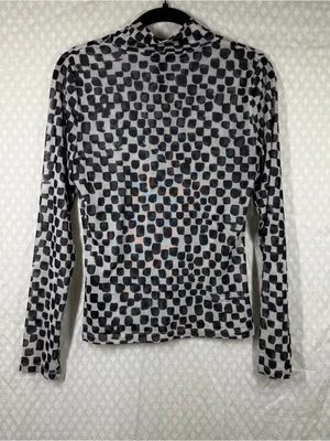 Anthropologie Black White Polka Dot Sheer Long Sleeve Mock Neck Top thumbnail 4