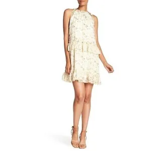 NSR‎ Floral Halter Ruffle Tiered Mini Dress Cream Pink XS CD9975 Made in USA thumbnail 2