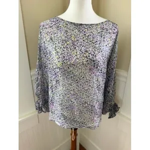 White House Black Market Burnout Floral Ruffle Cuff Blouse Size MP‎ thumbnail 2