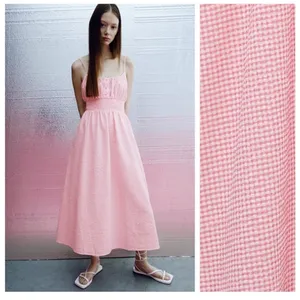 Zara Dress‎ Womens Medium Pink Gingham Smocked Waist Midi Summer Cotton thumbnail 2