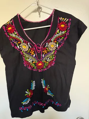 Black Embroidered V-Neck Women’s Top - Bright Floral Detailing thumbnail 1