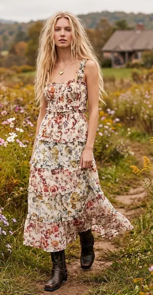 Anthropologie Sleeveless Square-Neck Ruffle Tiered Midi Dress Floral Medium thumbnail 1