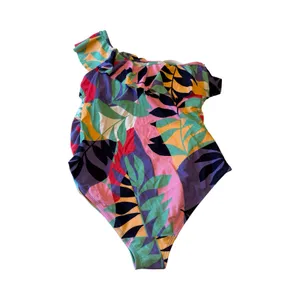 Motherhood Maternity One Shoulder‎ Ruffle Tropical Leaf Swimsuit Multicolor M thumbnail 3