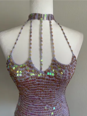 Sequined Lilac Crochet Halter Dress Top thumbnail 2