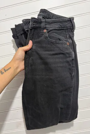 American Eagle Black Denim Distressed Mom Jeans thumbnail 1