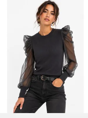 Anthropologie knit top with sheet puff sleeves black L dark romance whimsigoth thumbnail 2