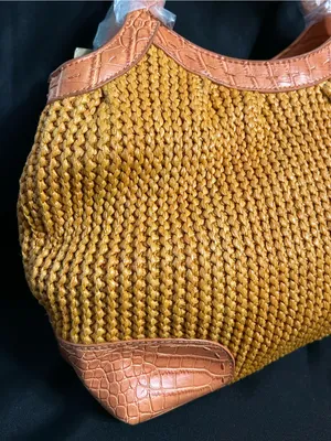 Stone Mountain Havana Orange Woven Tote Bag Tan Trim Flower Charm NWT thumbnail 2