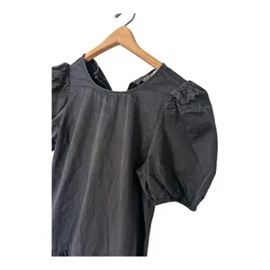 TCEC Washed Black Cotton Puff Sleeve Ruffle Drop Hem‎ Mini Dress S CD02190 thumbnail 4