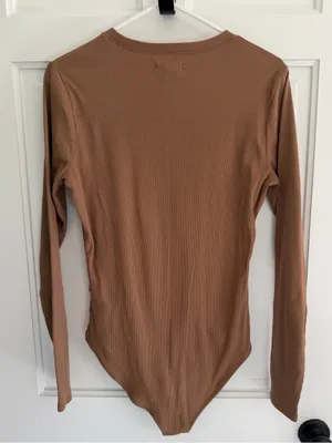 Madewell‎ Ribbed Long Sleeve Crew Neck Bodysuit Brown Large thumbnail 8