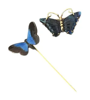 Vintage Estate Butterfly Brooch & Lapel Hat Stick Pin 2 Pc. Set Gold Tone Metal thumbnail 1