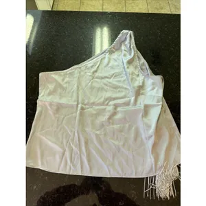 Boston Proper charmeuse‎ fringe one shoulder blouse Silver Shirt Boho Top Zip thumbnail 6