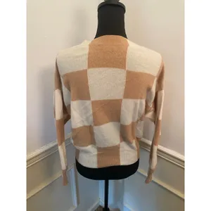 AQUA Cashmere Brushed Cropped Check Sweater Tan Cream Neutral Pullover Crewneck thumbnail 4