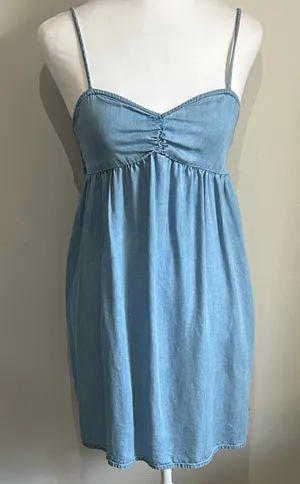 SO Light Blue Chambray Denim Babydoll Mini Sundress Tunic Tank thumbnail 1