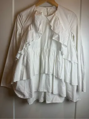 Zara Trafaluc White Cotton Ruffle Long‎ Sleeve Blouse Size Small thumbnail 1