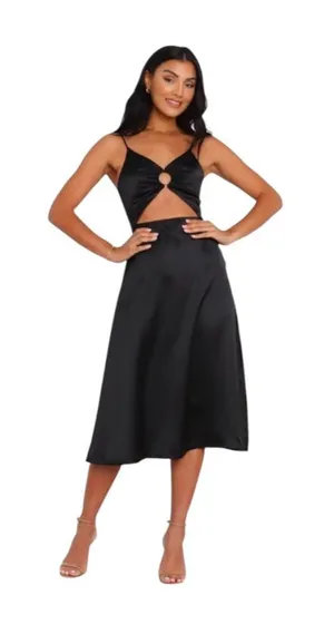 NWT Petal & Pup Maklim Keyhole Cut Out Satin Midi Dress Black Size 6 thumbnail 1