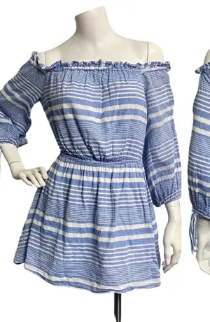 LOVERS + FRIENDS Womens XS Blue‎ White Striped Off Shoulder Nautical Mini Dress thumbnail 1