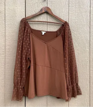 Cato Womens Shirt Blouse Brown Floral Mesh Long Sleeve V Neck Plus Size 22/24 thumbnail 2