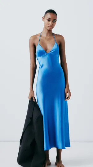 ZARA Blue Satin Silk Dress Size Small thumbnail 1