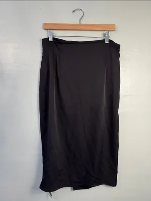 HALARA Black Satin Draped Midi Skirt faux wrap size 12 thumbnail 6
