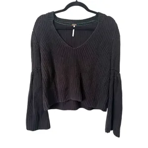 FREE PEOPLE Damsel Flare Sleeve Ribbed Knit Sweater Black‎ Small thumbnail 2