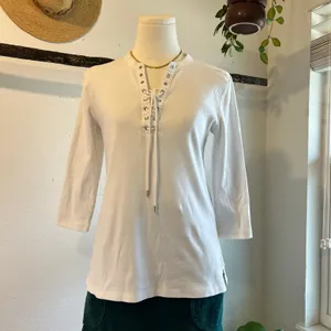 Ralph Lauren White Ribbed Lace Up Western Long Sleeve Cotton Top Size Medium thumbnail 2