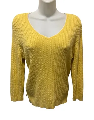Lauren Ralph Lauren Cable Knit 100% Cotton V Neck Sweater Sz M Yellow White Trim thumbnail 1