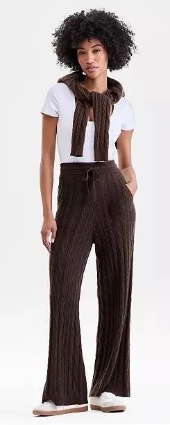 Charter Club Brown Cable-Knit Pull-On Wide Leg Pants Size Large thumbnail 1