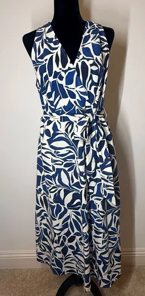 Emma & Michelle Linen-Look Blue White Abstract Botanical Leaf Print Dress L EUC thumbnail 1