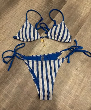 Zaful Striped Blue & White Crochet Tie-Side Bikini thumbnail 1
