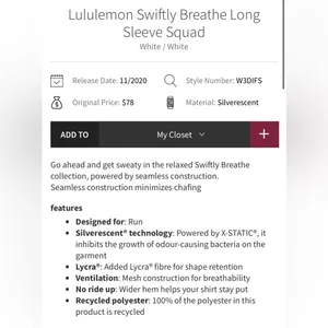 Lululemon Swiftly Breathe Long Sleeve Squad Top Shirt White Silverescent thumbnail 8