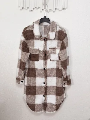 Miss Sparkling Brown Plaid Sherpa Shacket Oversized Longline Teddy Fleece Jacket thumbnail 2