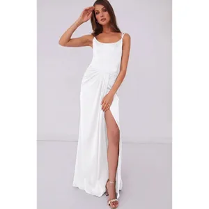 Azazie‎ x Barbie White Satin Ruched Corset Maxi Dress Side Slit Formal Gown thumbnail 2