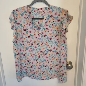 Elle Women's Size XXL Flutter Sleeve Top Floral V Neck Flowy Plus thumbnail 1