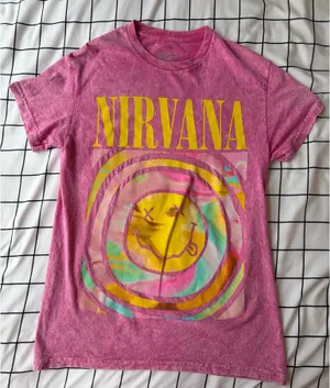 Pink And White Tie-Dyed Nirvana Graphic Tee Shirt, Size Small. thumbnail 1