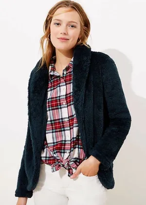 Loft Faux Sherpa Shawl Collar Women's Fleece Jacket Small Teal - C54-116 thumbnail 1