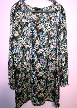 Vintage Express Slip Dress Long Sleeves Black Blue Ditsy Floral Y2K Large thumbnail 1