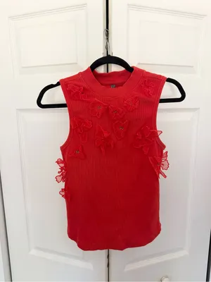 Anthropologie Sleeveless 3D Floral Appliqué Top Coral Orange Ribbed Tank Small thumbnail 3